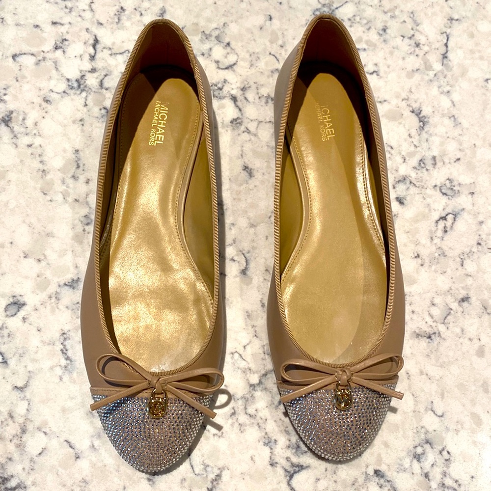 Michael Kors tan ballet flats with sparkle toe & bow